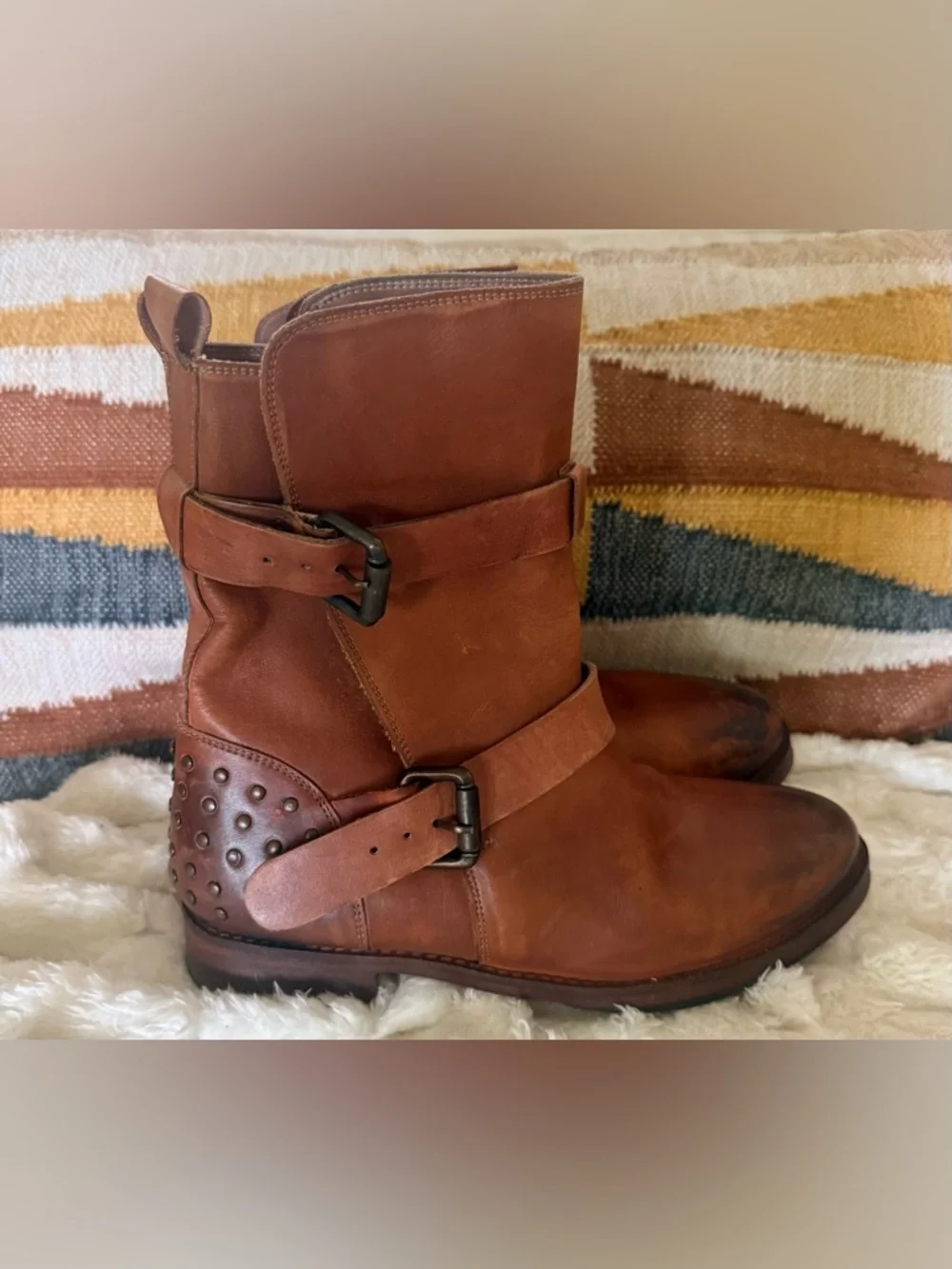 Vintage Foundry Co Sherry Ankle Boots Brown Leather Buckle Women’s 7 Moto Boho